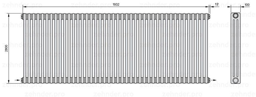 Схема (чертеж) Радиатор Zehnder Charleston 3280/42 №2670 Белый глянцевый RAL 9016